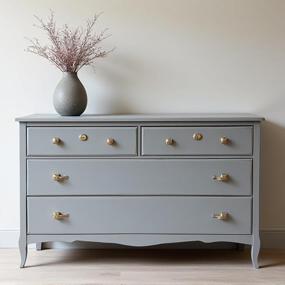 The dresser beautifully restored with a modern grey paint finish and new hardware after restoration.