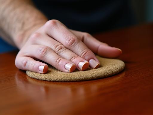 Close-up of a hand applying French polish to a mahogany tabletop.
