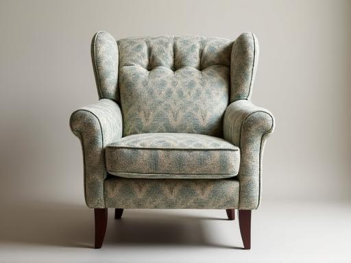 A newly upholstered armchair with a classic patterned fabric.