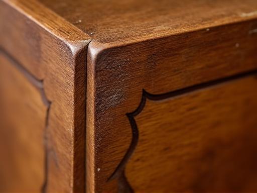 A detail shot showing seamless veneer repair on an antique dresser.