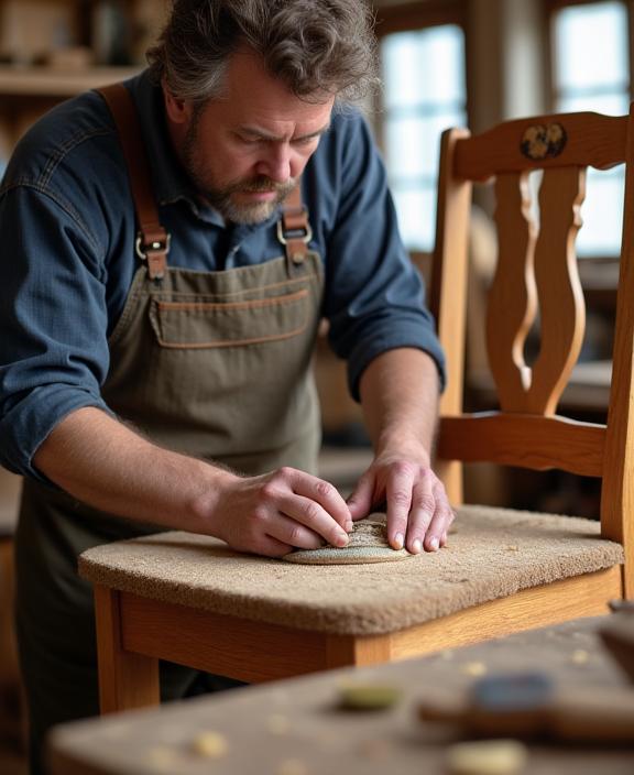 A master craftsman carefully sanding a wooden chair in the Kiwi Furniture Restorers workshop.